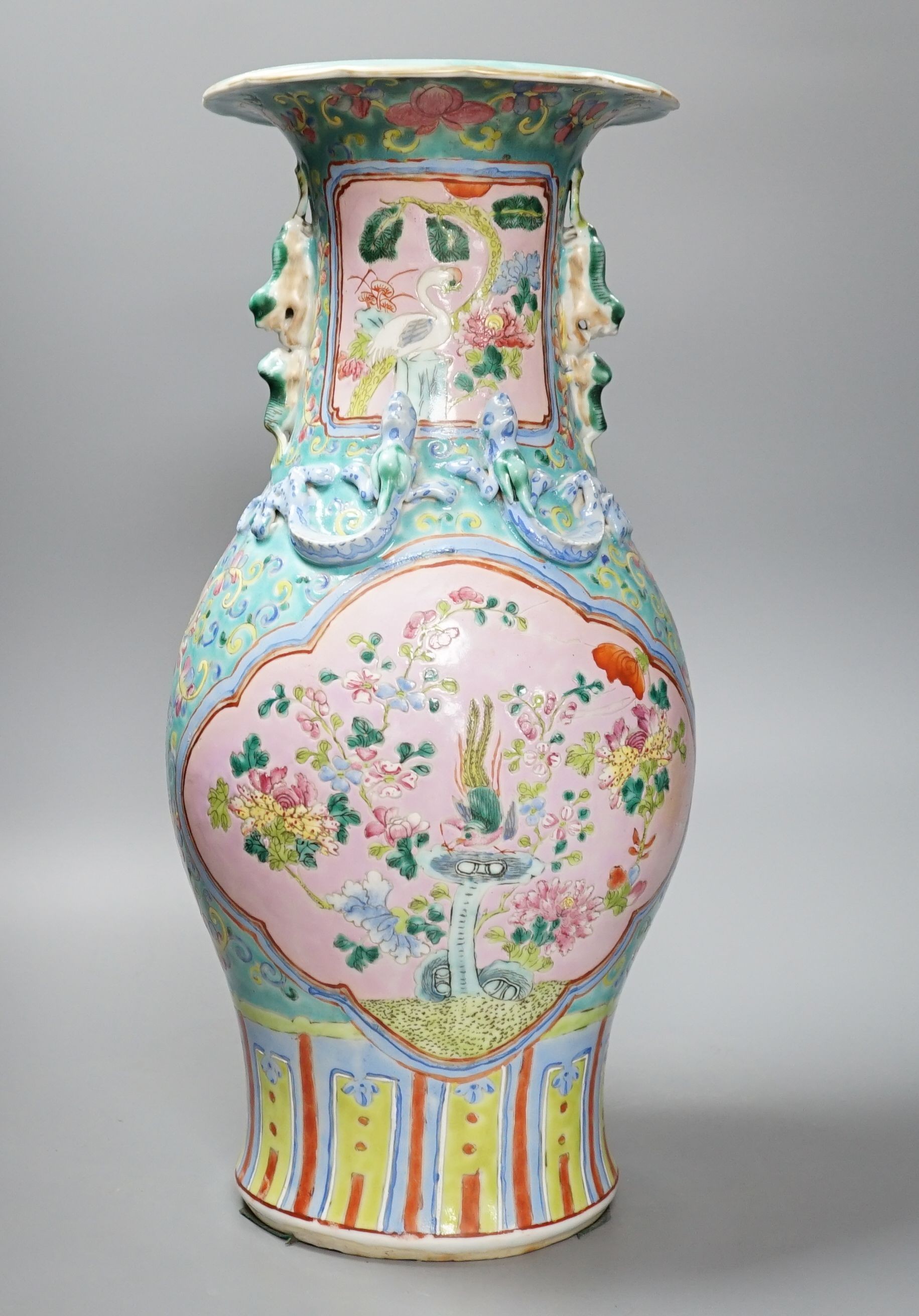 A 19th century Chinese Cantonese two-handled famille rose vase, 44cm